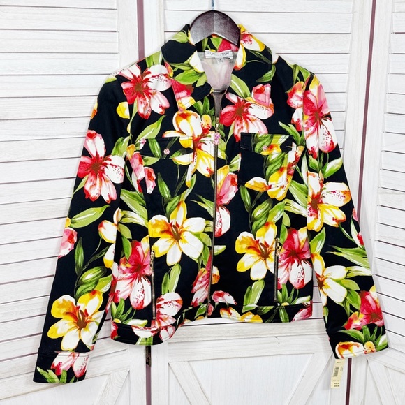 Vintage St. John Sport Tropical Flower Print Denim Jacket Black Yellow Small - Picture 7 of 11